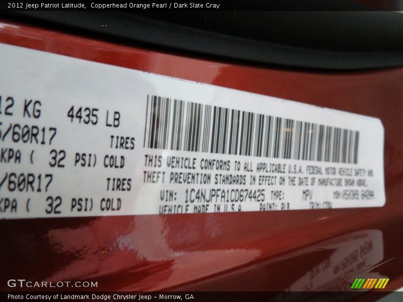 Copperhead Orange Pearl / Dark Slate Gray 2012 Jeep Patriot Latitude