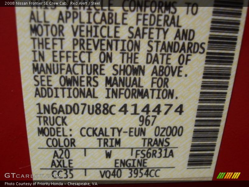 2008 Frontier SE Crew Cab Red Alert Color Code A20
