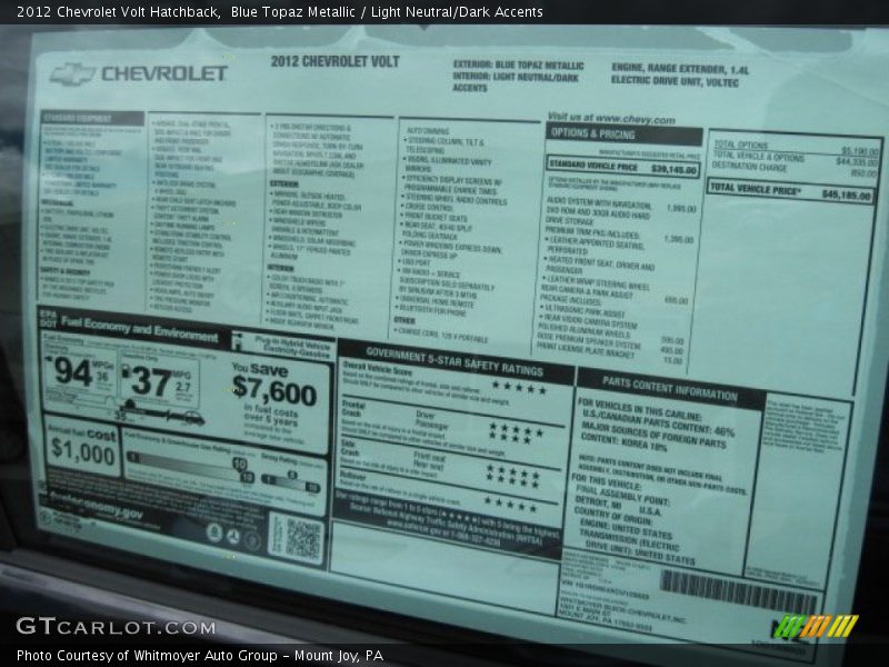  2012 Volt Hatchback Window Sticker