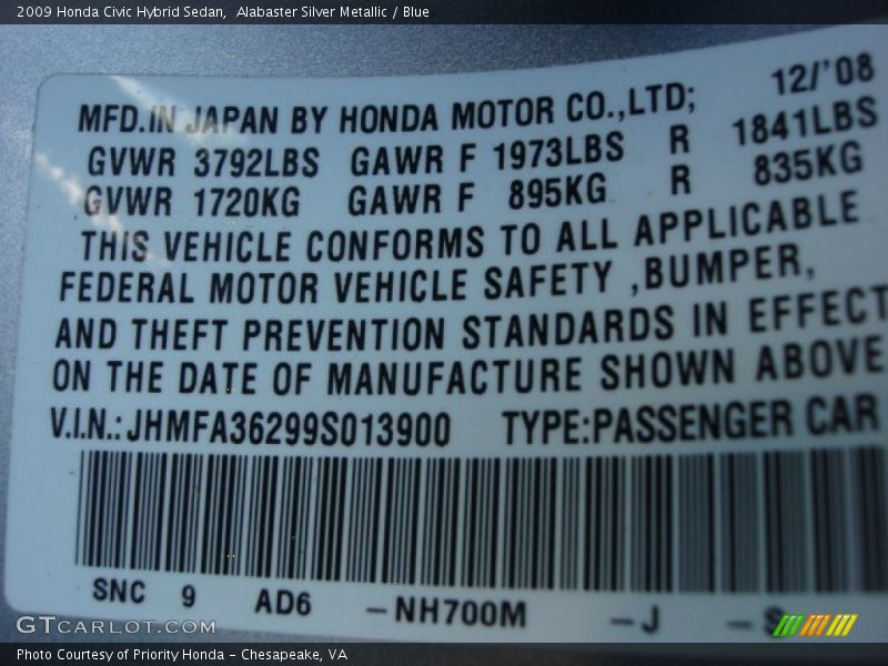 Alabaster Silver Metallic / Blue 2009 Honda Civic Hybrid Sedan