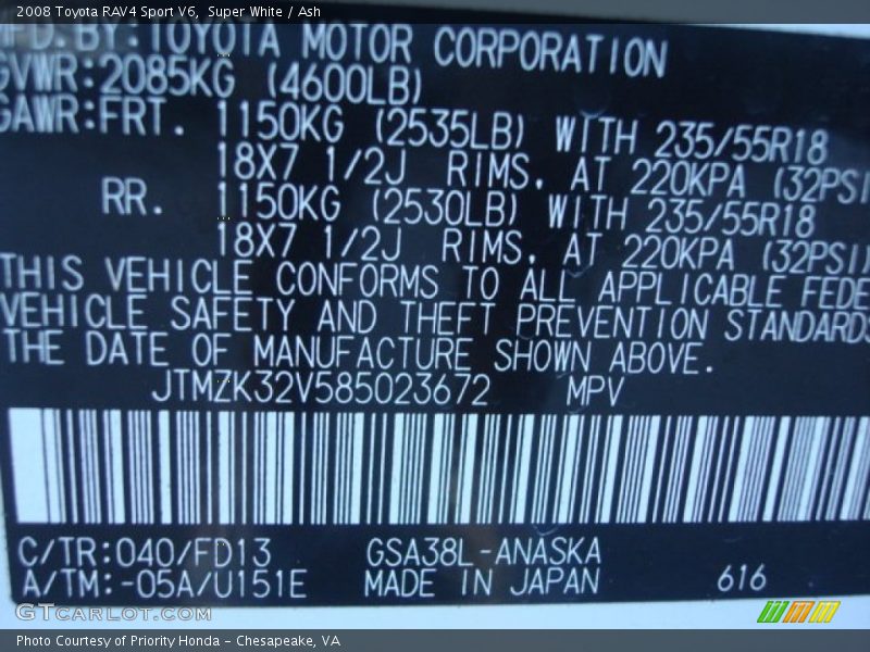 2008 RAV4 Sport V6 Super White Color Code 040