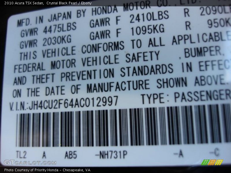 Crystal Black Pearl / Ebony 2010 Acura TSX Sedan