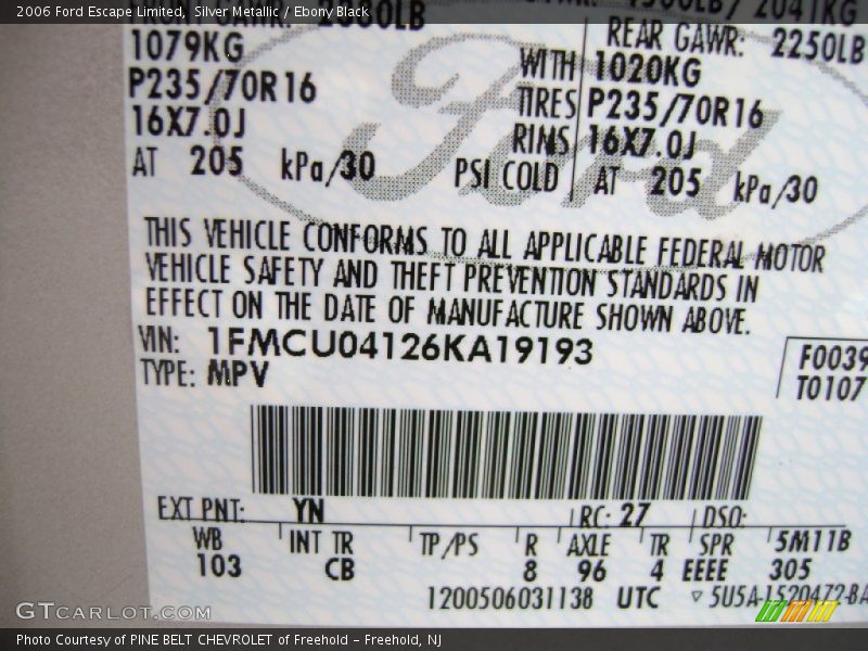 2006 Escape Limited Silver Metallic Color Code YN