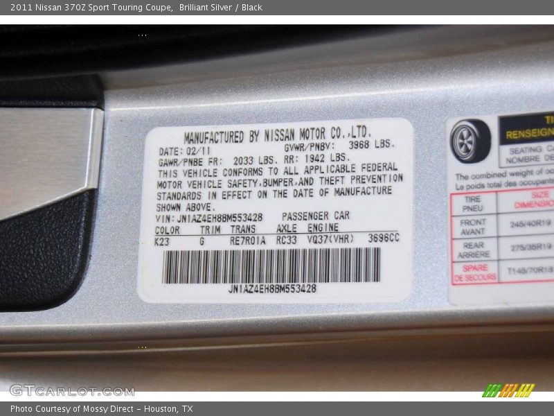Brilliant Silver / Black 2011 Nissan 370Z Sport Touring Coupe