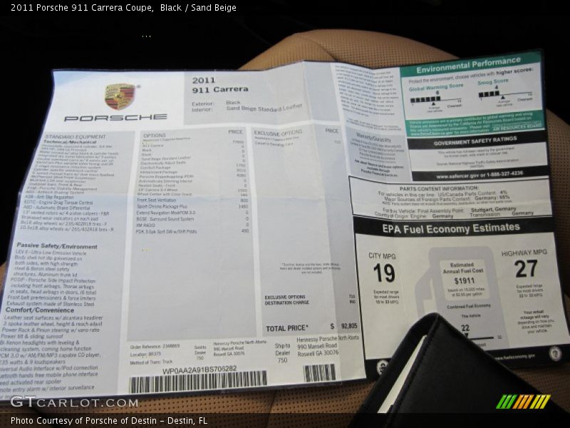  2011 911 Carrera Coupe Window Sticker