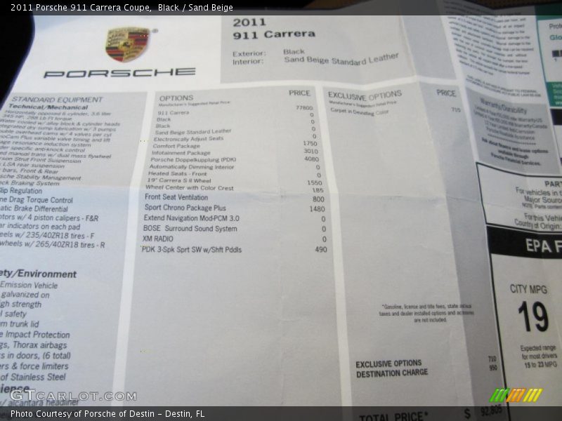  2011 911 Carrera Coupe Window Sticker