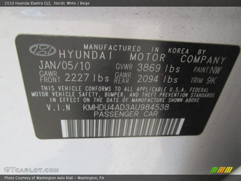 Nordic White / Beige 2010 Hyundai Elantra GLS