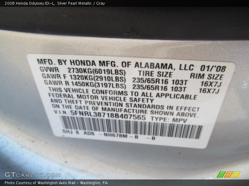 Silver Pearl Metallic / Gray 2008 Honda Odyssey EX-L