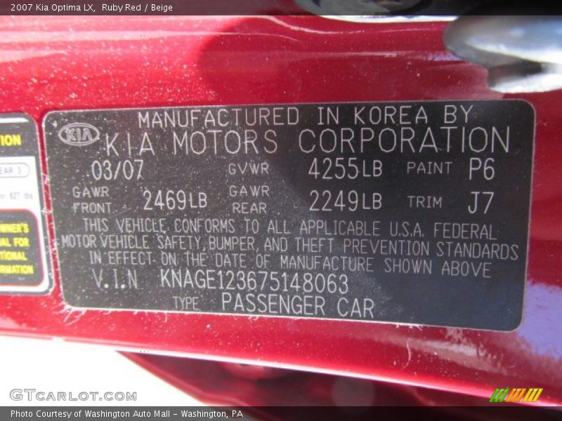 Ruby Red / Beige 2007 Kia Optima LX