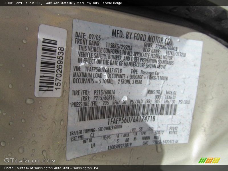 Gold Ash Metallic / Medium/Dark Pebble Beige 2006 Ford Taurus SEL