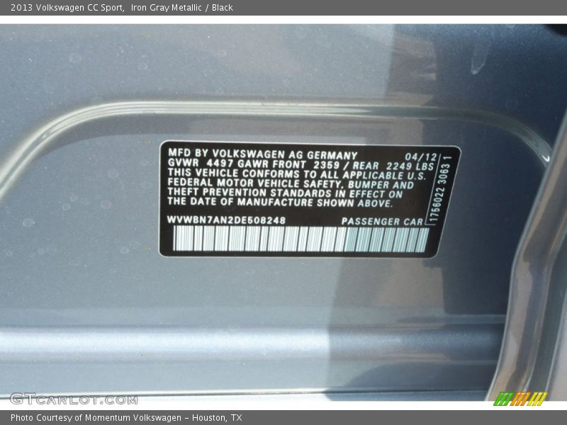 Iron Gray Metallic / Black 2013 Volkswagen CC Sport