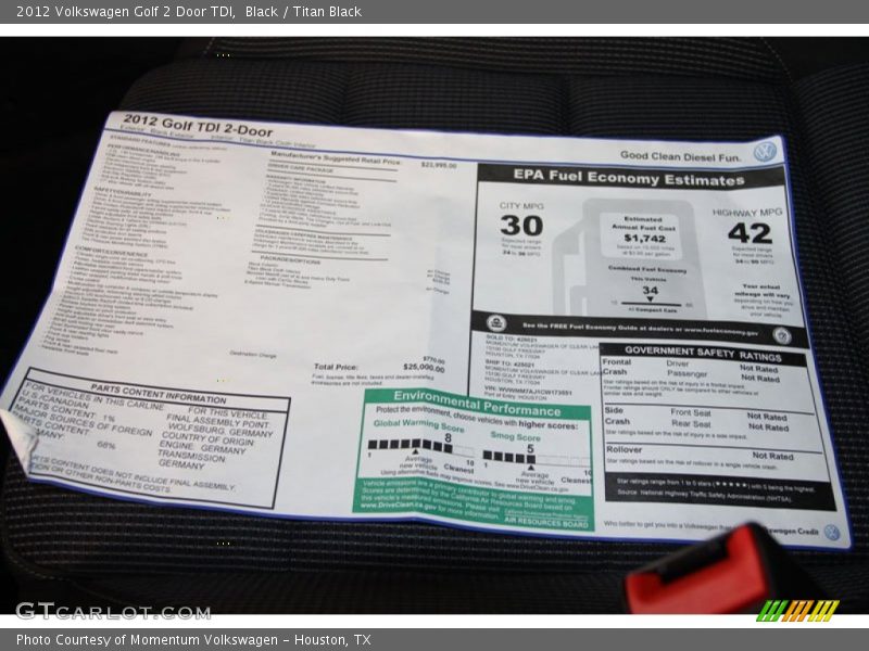  2012 Golf 2 Door TDI Window Sticker