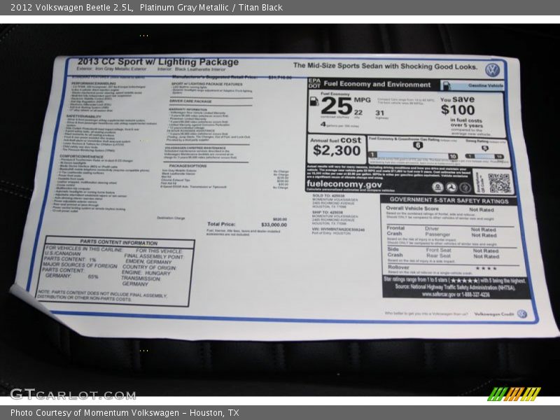 Platinum Gray Metallic / Titan Black 2012 Volkswagen Beetle 2.5L