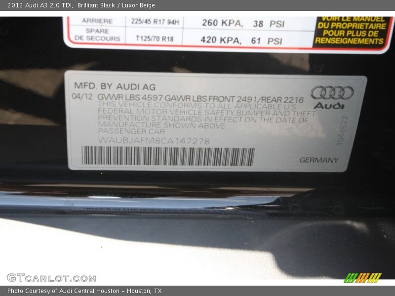Brilliant Black / Luxor Beige 2012 Audi A3 2.0 TDI