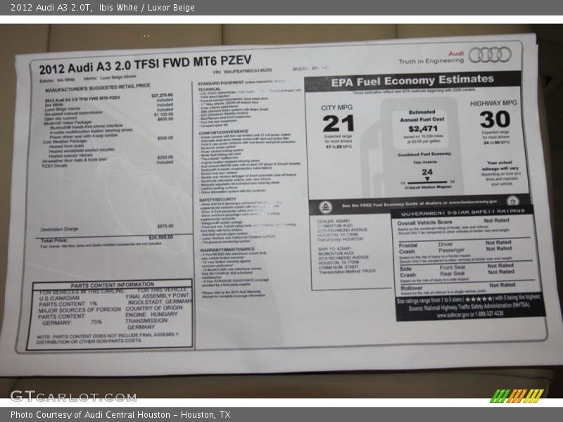  2012 A3 2.0T Window Sticker