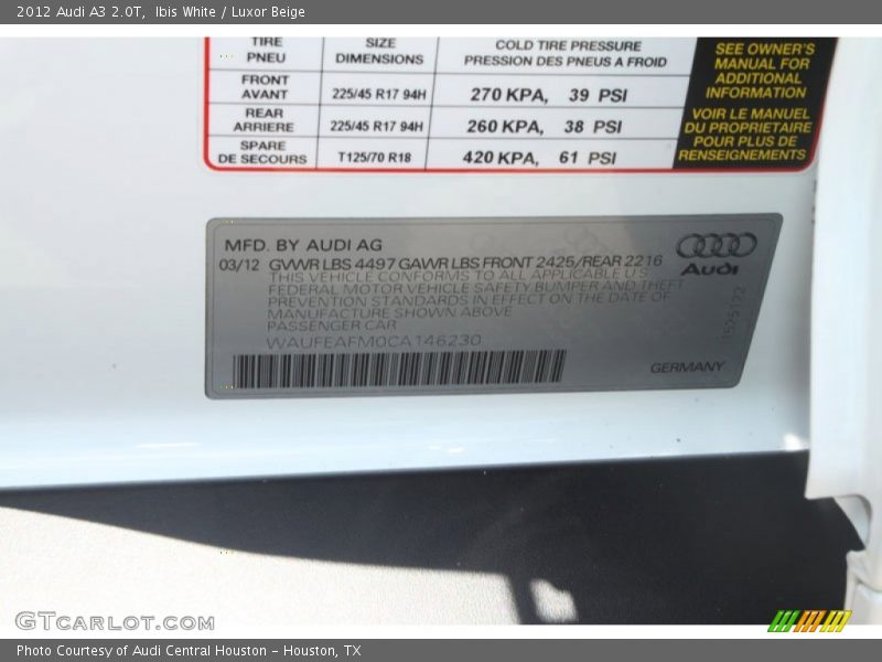 Ibis White / Luxor Beige 2012 Audi A3 2.0T