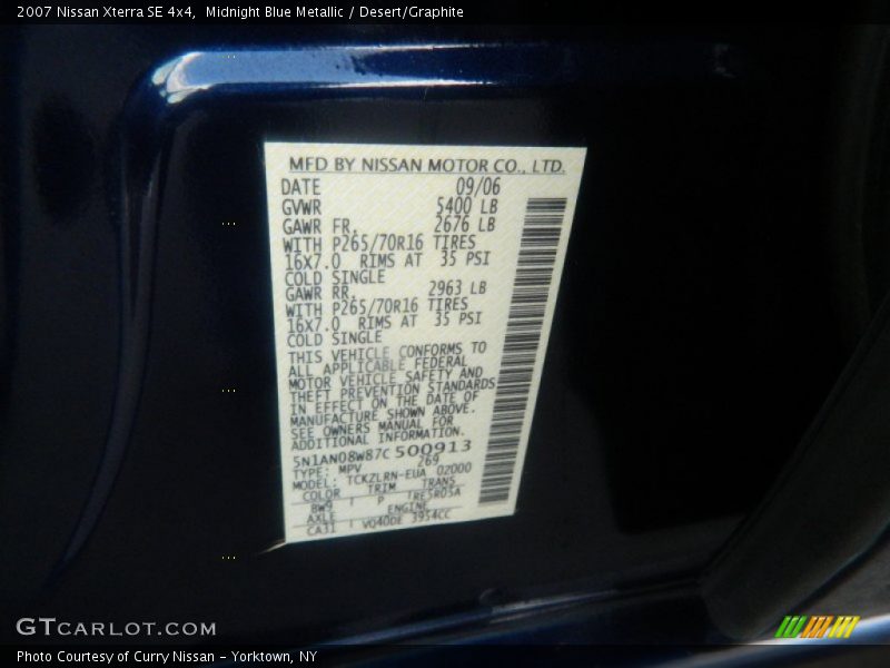 2007 Xterra SE 4x4 Midnight Blue Metallic Color Code BW9