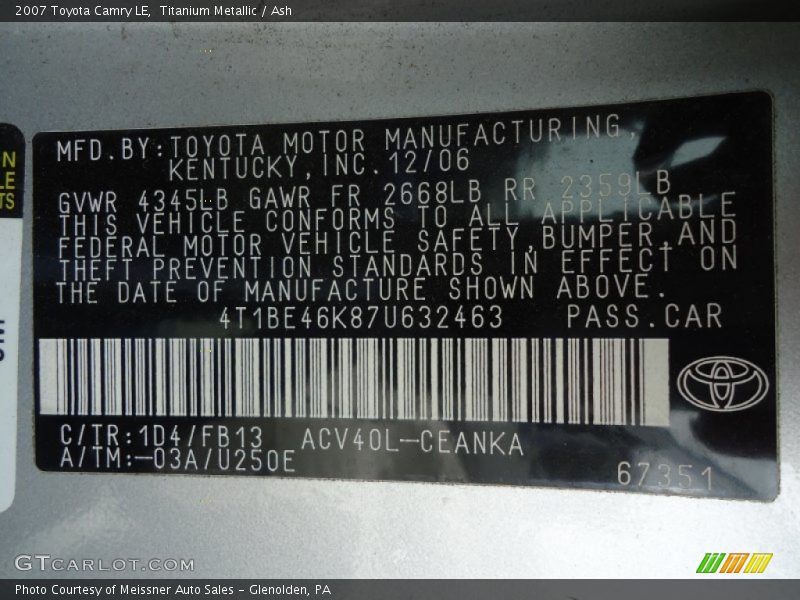 Titanium Metallic / Ash 2007 Toyota Camry LE