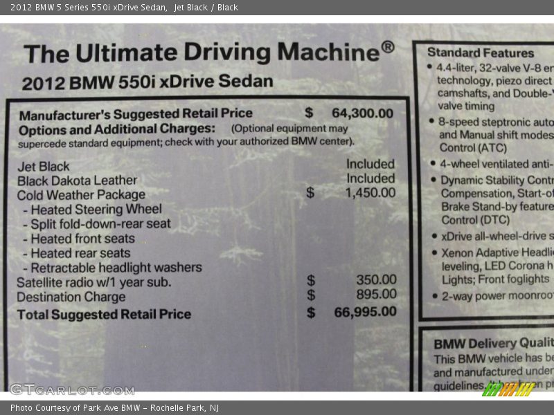  2012 5 Series 550i xDrive Sedan Window Sticker