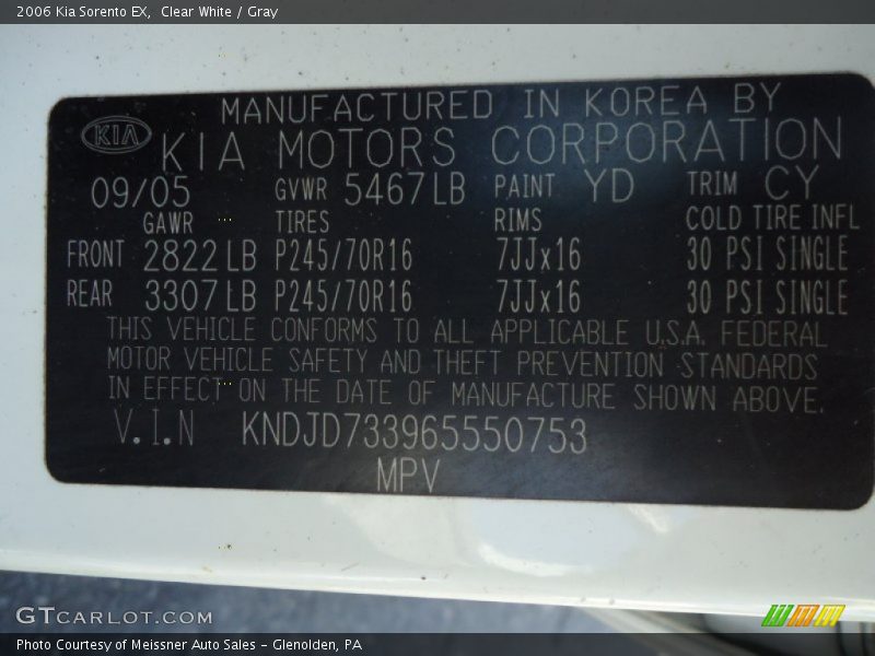 Clear White / Gray 2006 Kia Sorento EX