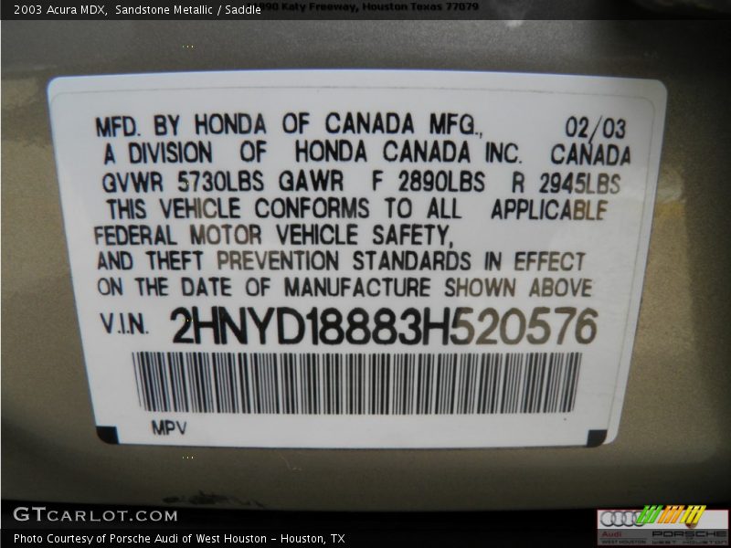 Sandstone Metallic / Saddle 2003 Acura MDX