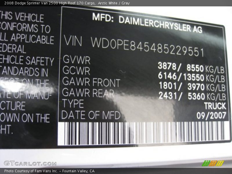 Arctic White / Gray 2008 Dodge Sprinter Van 2500 High Roof 170 Cargo