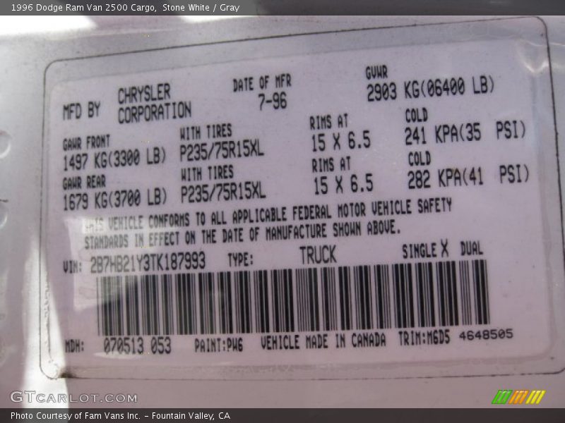 Stone White / Gray 1996 Dodge Ram Van 2500 Cargo