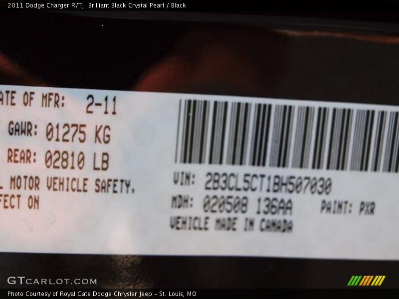 2011 Charger R/T Brilliant Black Crystal Pearl Color Code PXR