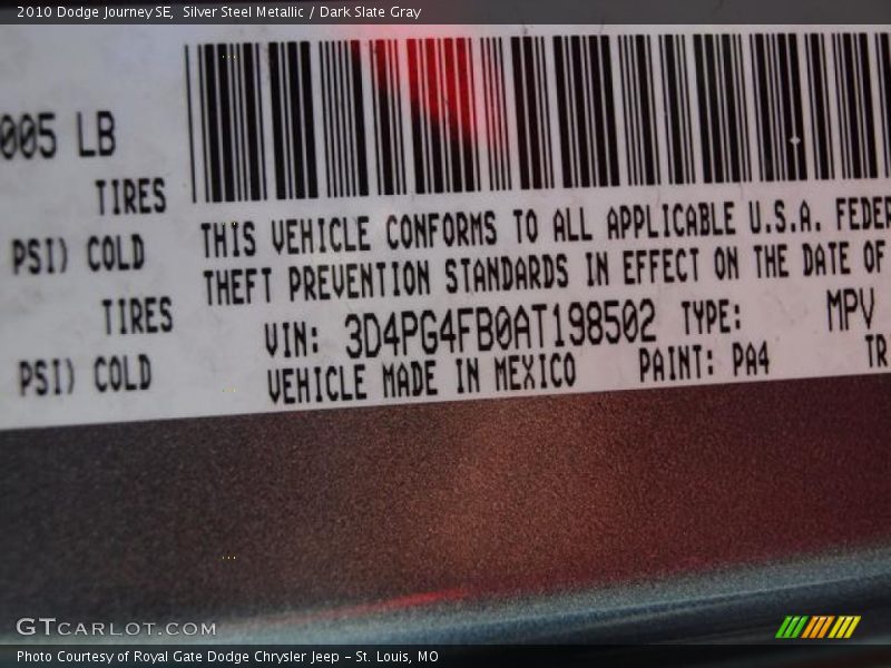 2010 Journey SE Silver Steel Metallic Color Code PA4