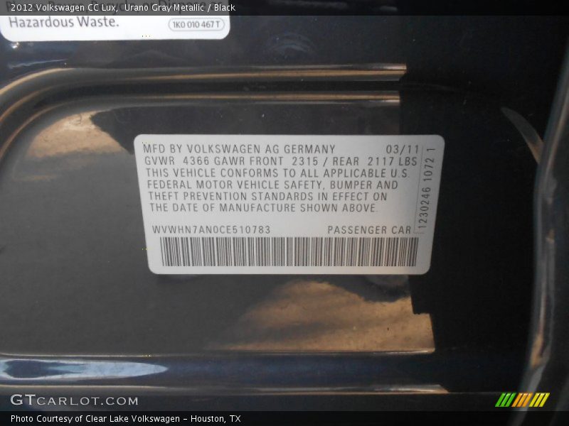 Urano Gray Metallic / Black 2012 Volkswagen CC Lux