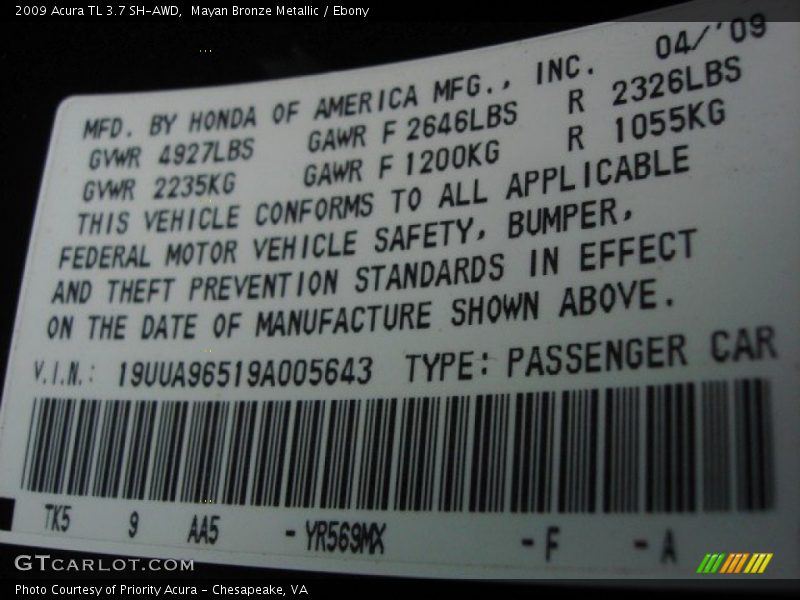 Mayan Bronze Metallic / Ebony 2009 Acura TL 3.7 SH-AWD