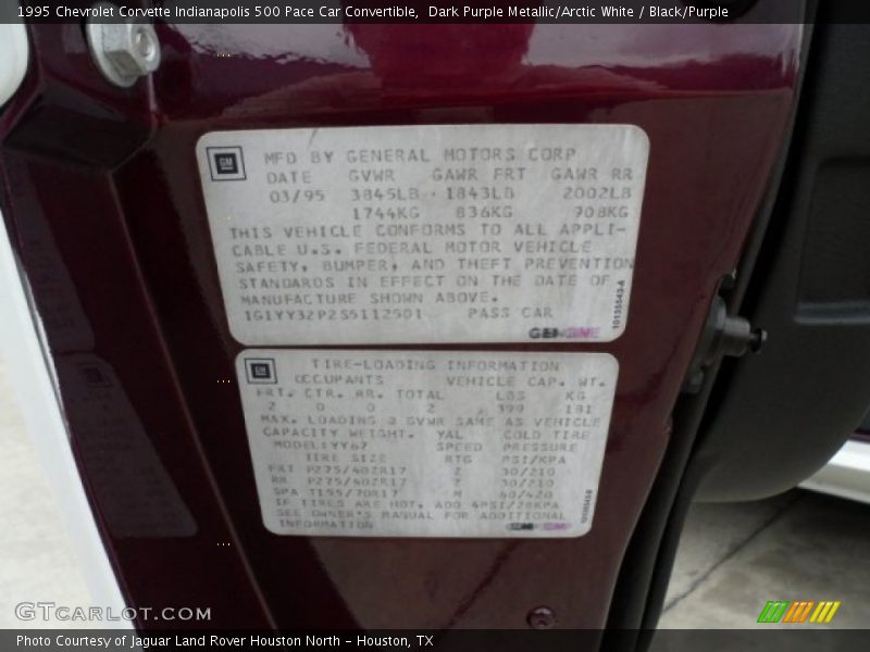 Info Tag of 1995 Corvette Indianapolis 500 Pace Car Convertible