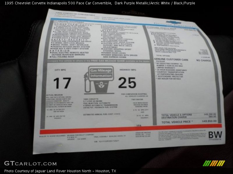  1995 Corvette Indianapolis 500 Pace Car Convertible Window Sticker