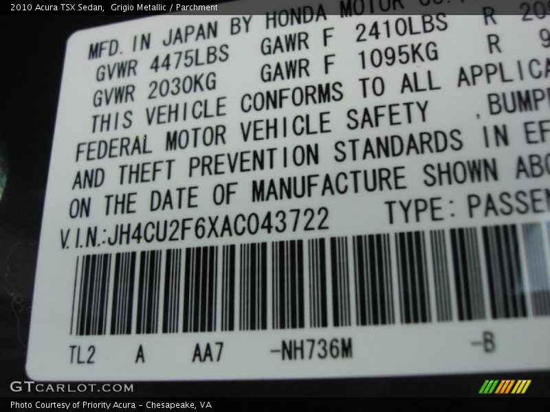 Grigio Metallic / Parchment 2010 Acura TSX Sedan