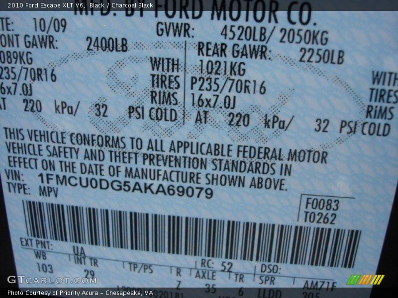 Black / Charcoal Black 2010 Ford Escape XLT V6