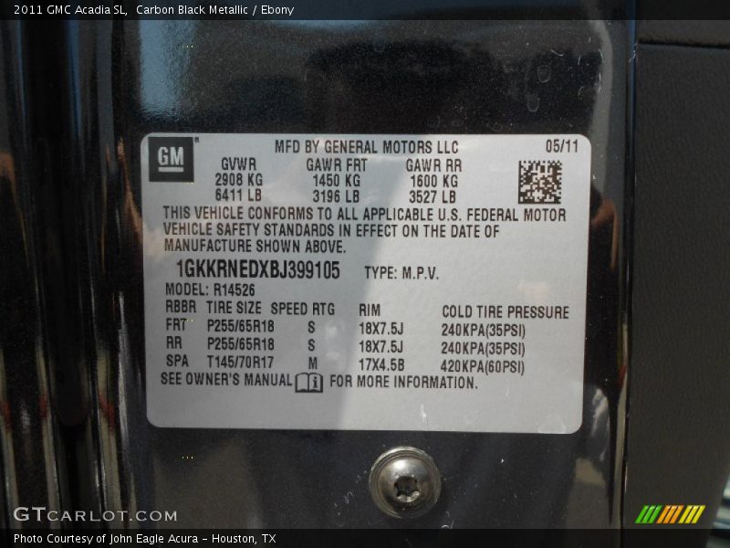 Carbon Black Metallic / Ebony 2011 GMC Acadia SL