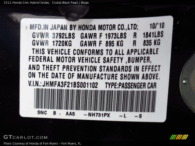 2011 Civic Hybrid Sedan Crystal Black Pearl Color Code NH731PX