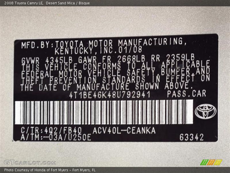 2008 Camry LE Desert Sand Mica Color Code 4Q2