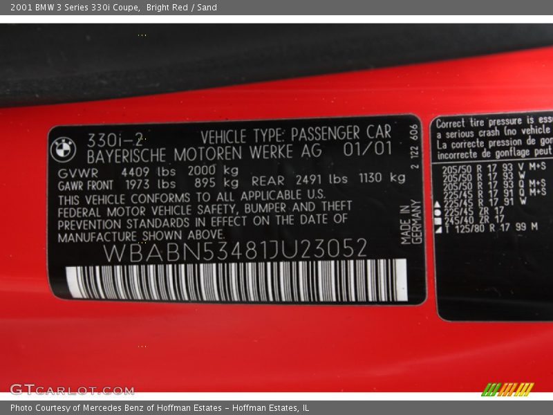 Info Tag of 2001 3 Series 330i Coupe