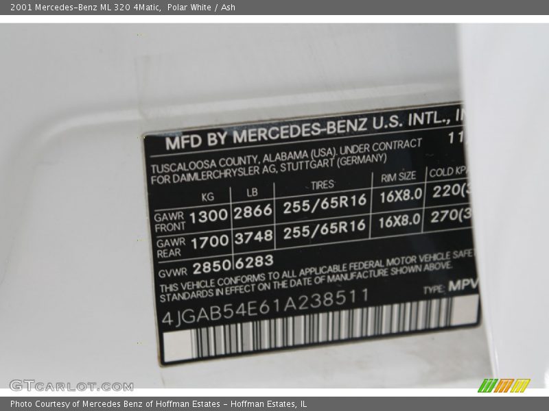 Polar White / Ash 2001 Mercedes-Benz ML 320 4Matic