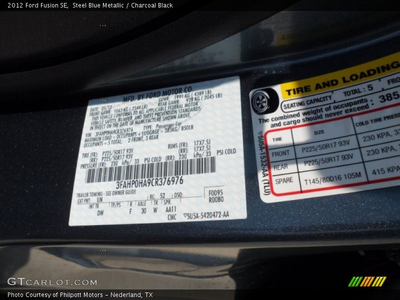 Steel Blue Metallic / Charcoal Black 2012 Ford Fusion SE