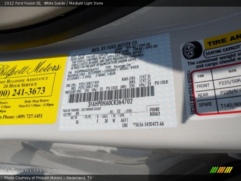 White Suede / Medium Light Stone 2012 Ford Fusion SE
