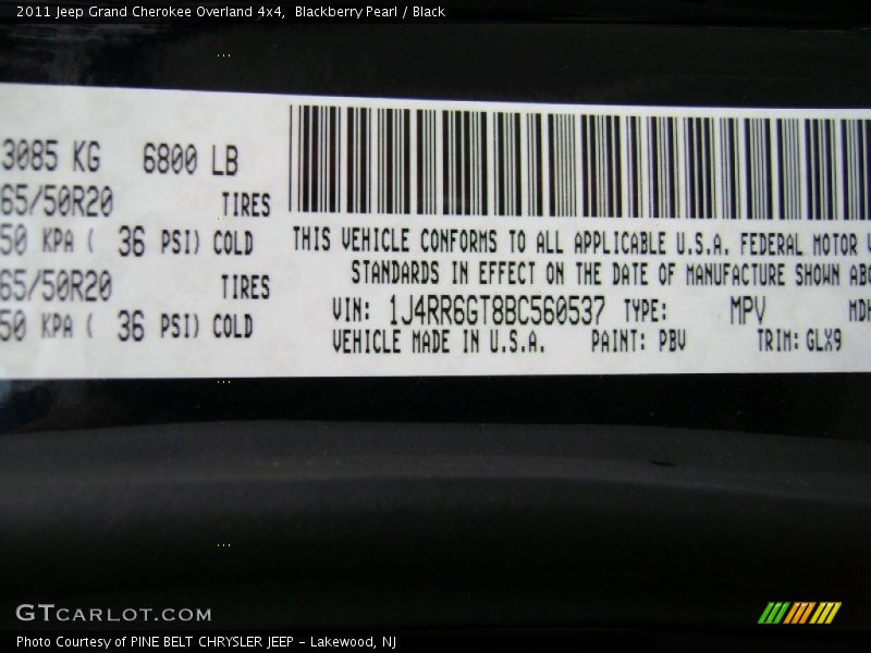 2011 Grand Cherokee Overland 4x4 Blackberry Pearl Color Code PBV