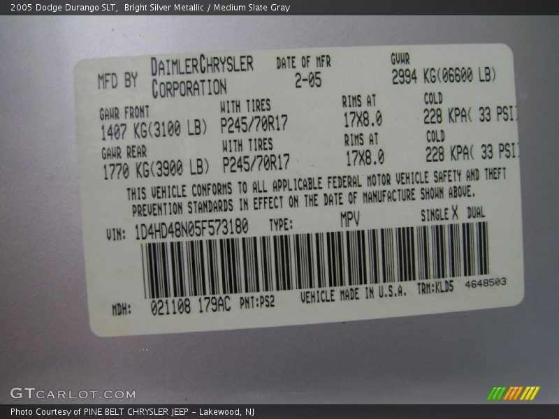 Bright Silver Metallic / Medium Slate Gray 2005 Dodge Durango SLT