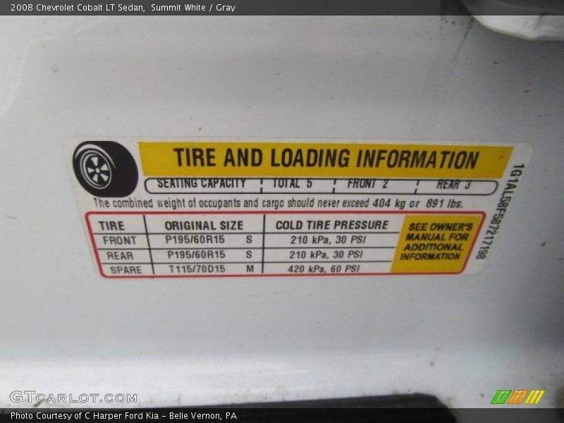 Info Tag of 2008 Cobalt LT Sedan