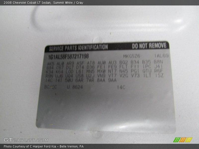 2008 Cobalt LT Sedan Summit White Color Code 8624
