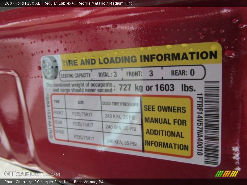 Info Tag of 2007 F150 XLT Regular Cab 4x4