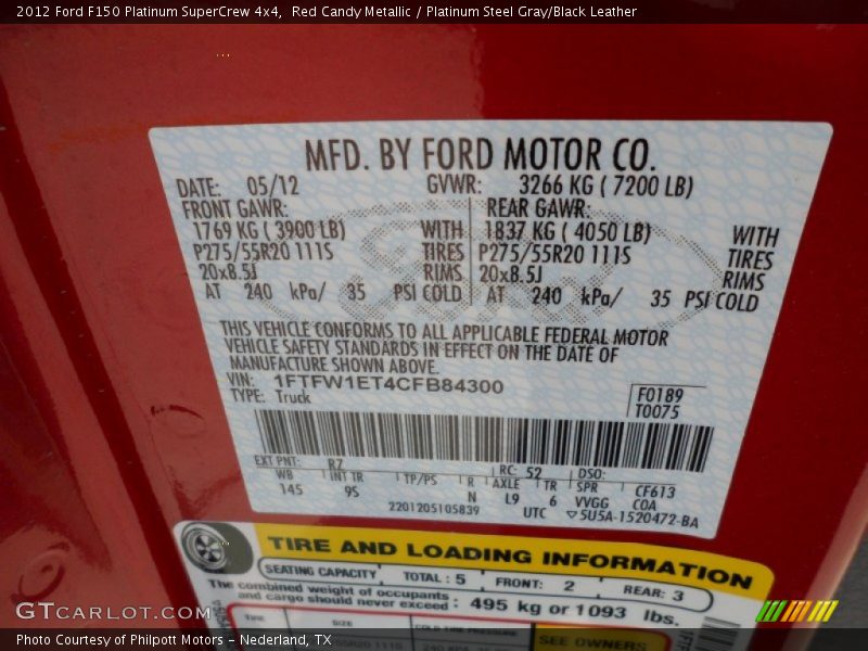 2012 F150 Platinum SuperCrew 4x4 Red Candy Metallic Color Code RZ