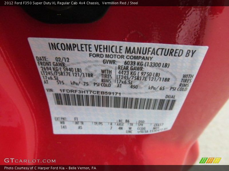 2012 F350 Super Duty XL Regular Cab 4x4 Chassis Vermillion Red Color Code F1