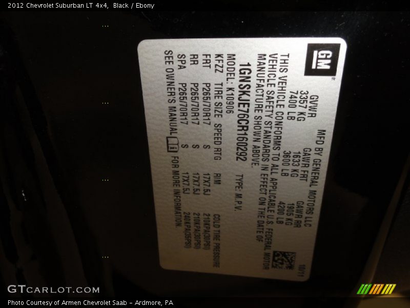 Black / Ebony 2012 Chevrolet Suburban LT 4x4